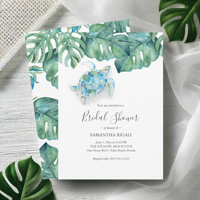 Tropical Bridal Shower Invitations Printing (Tropical bridal shower invitations printing with watercolor sea turtle and monstera leaves)
