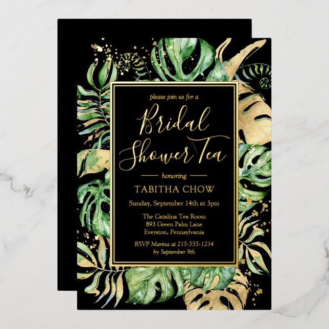 Tropical Bridal Shower Tea Party Black & Gold Foil (Front/Back)