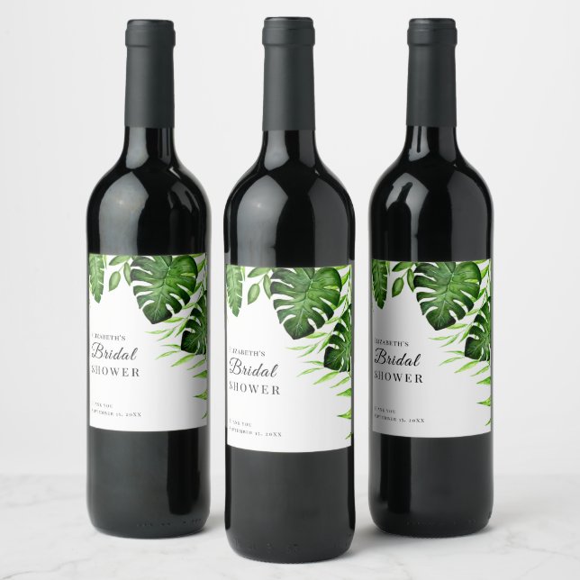 Tropical Bridal Shower Watercolor Jungle Leaves Wine Label (Bottles)