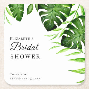 Tropical Bridal Shower Watercolor Script Jungle  Square Paper Coaster