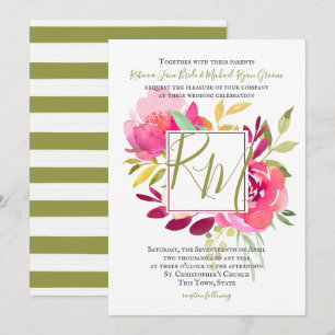 Tropical Brights Rose Square Frame Monogram Invitation