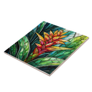 tropical bromeliad stained glass art tile