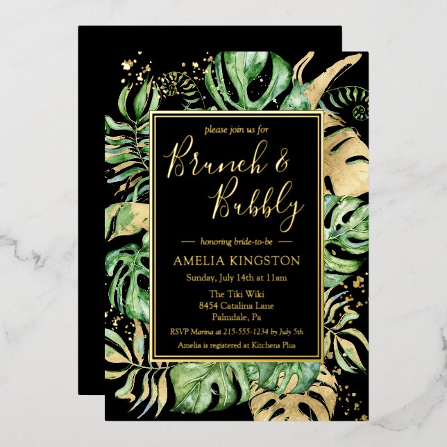 Tropical Brunch Bubbly Black & Gold Bridal Shower (Front/Back)