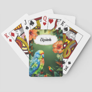 Tropical budgie jungle bird watercolor hibiscus playing cards