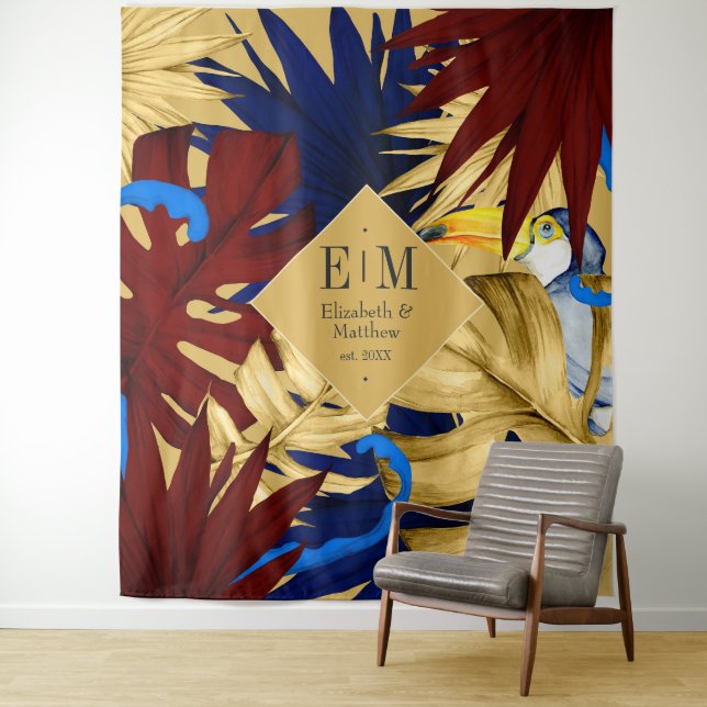 Tropical Burgundy, Navy and Gold Wedding Welcome Tapestry (In Situ)