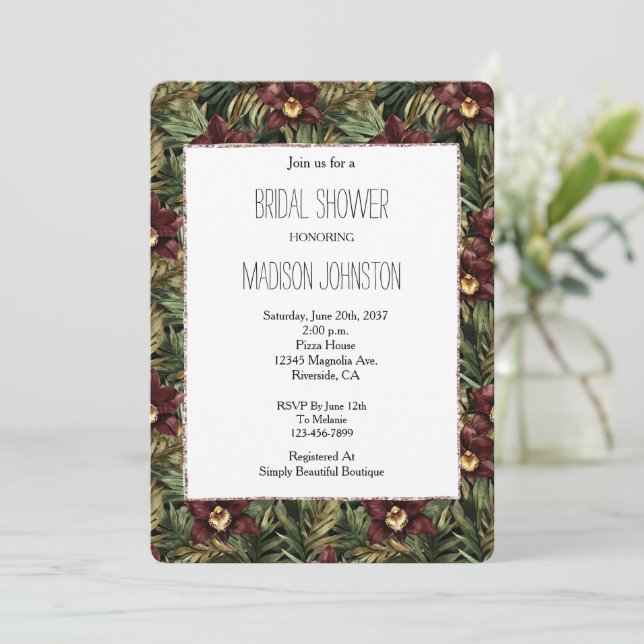 Tropical Burgundy Red Orchid Floral Bridal Shower Invitation (Standing Front)