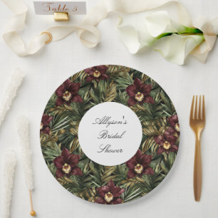 Tropical Burgundy Red Orchid Floral Bridal Shower Paper Plate