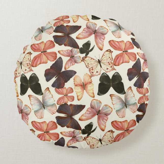 Tropical Butterflies: Watercolor Seamless Pattern. Round Pillow (Front)