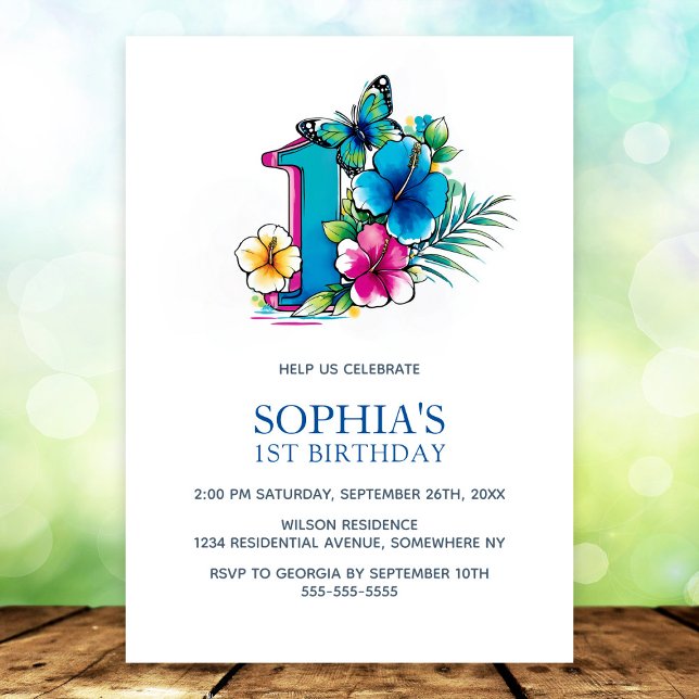 Tropical Butterfly Floral 1st Birthday Party Invitation (Creator Uploaded)