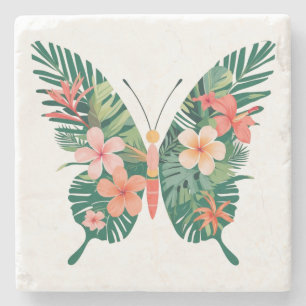 Tropical Butterfly with Floral Wings Island Vibes Stone Coaster