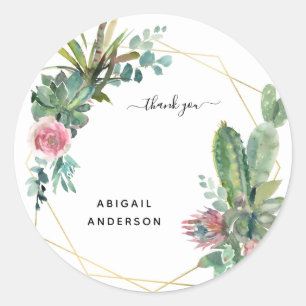 Tropical Cactus Custom Name Thank You Classic Round Sticker