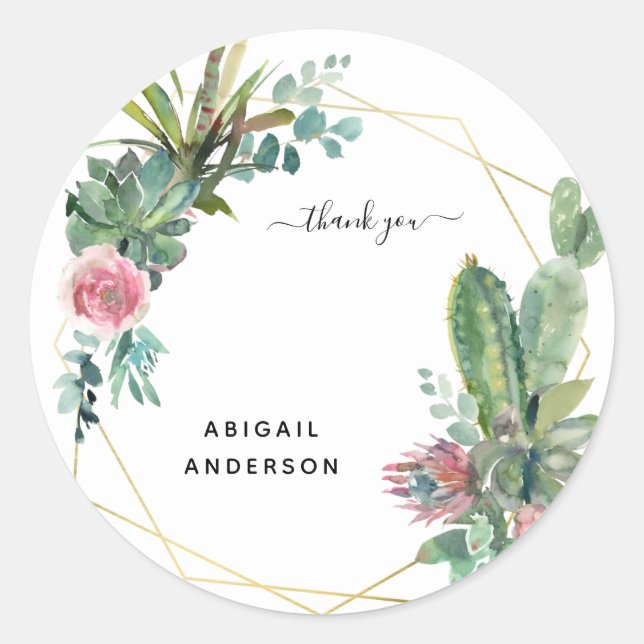 Tropical Cactus Custom Name Thank You Classic Round Sticker (Front)