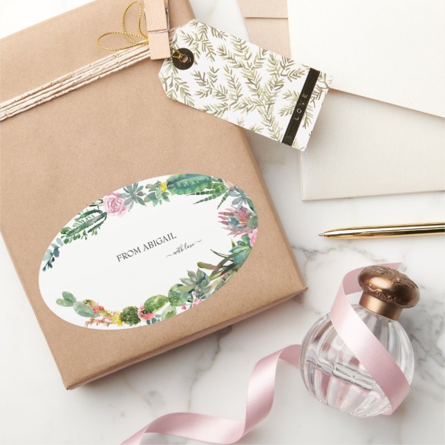 Tropical Cactus Custom Name With Love Oval Sticker (Gifting)