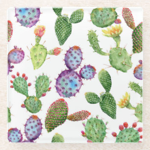 Tropical Cactus: Watercolor Seamless Pattern Glass Coaster
