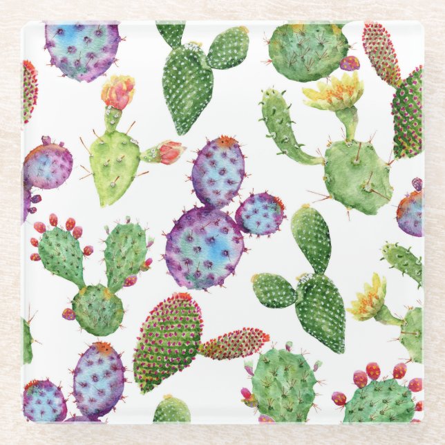 Tropical Cactus: Watercolor Seamless Pattern Glass Coaster (Front)