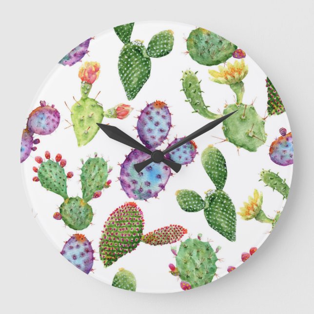 Tropical Cactus: Watercolor Seamless Pattern Large Clock (Front)