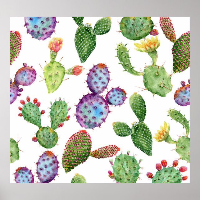 Tropical Cactus: Watercolor Seamless Pattern Poster (Front)