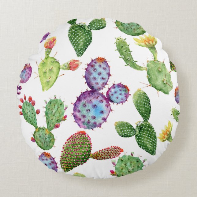 Tropical Cactus: Watercolor Seamless Pattern Round Pillow (Front)