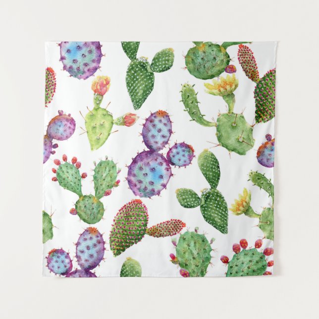 Tropical Cactus: Watercolor Seamless Pattern Tapestry (Front)