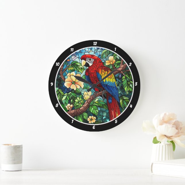Tropical Canopy Time" - Stained Glass Parrot  Large Clock (Home)