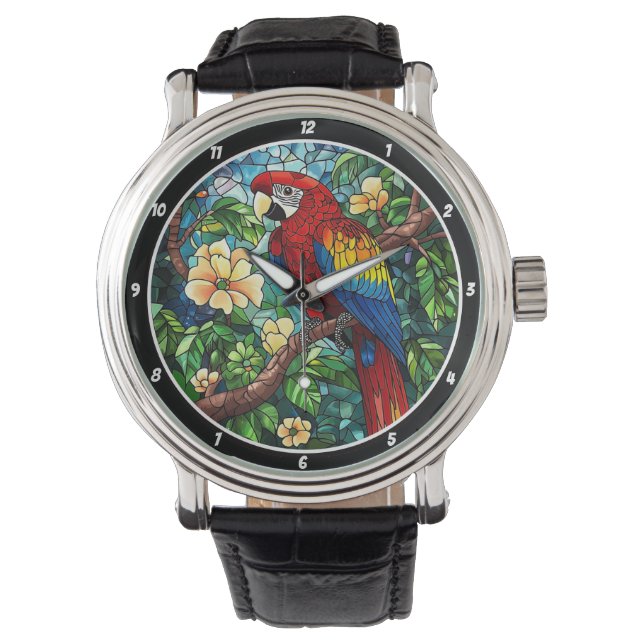 Tropical Canopy Time" - Stained Glass Parrot  Watch (Front)