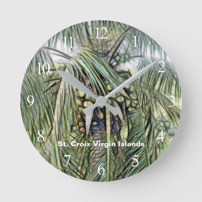 Tropical Caribbean Palm Coconuts Personalize Round Clock (Front)
