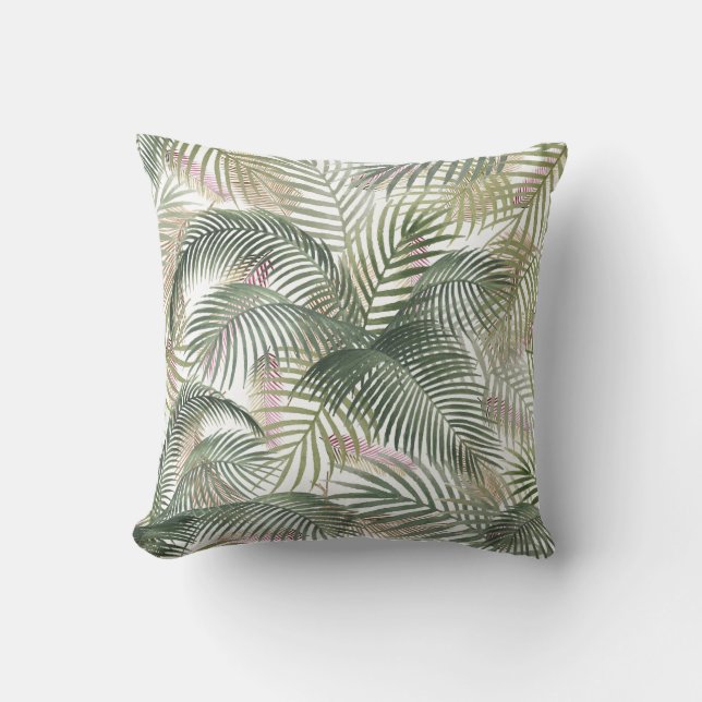 Tropical Caribbean Palm Leaves Watercolor Throw Pillow (Front)