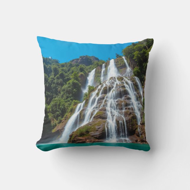 "Tropical Cascade Comfort – Waterfall Serenity  Throw Pillow (Front)