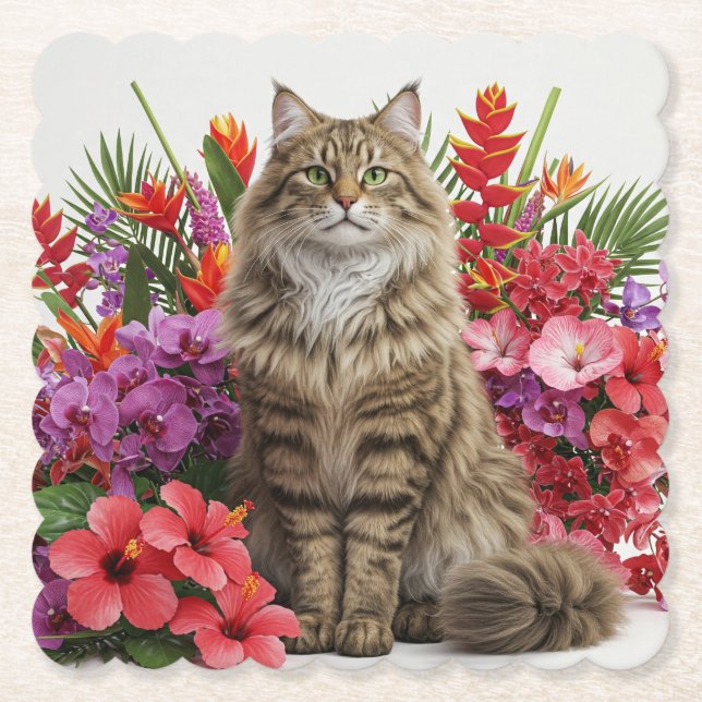 Tropical Cat Scalloped Square Coaster Design. (Front)