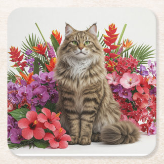 Tropical Cat Square Paper Coasters Design.