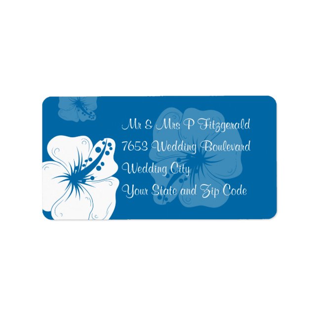 Tropical Cerulean Blue and White Hibiscus Wedding Label (Front)