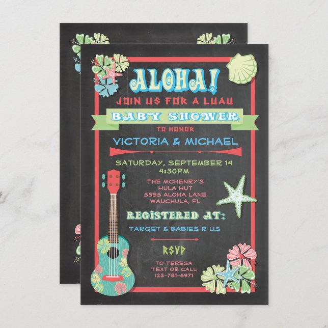 Tropical Chalkboard Luau Baby Douche invitations (Devant / Derrière)