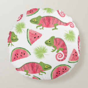 Tropical chameleons, watermelons: cute pattern round pillow