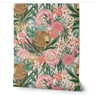 Tropical Cheetah and Flamingo Floral Wallpaper