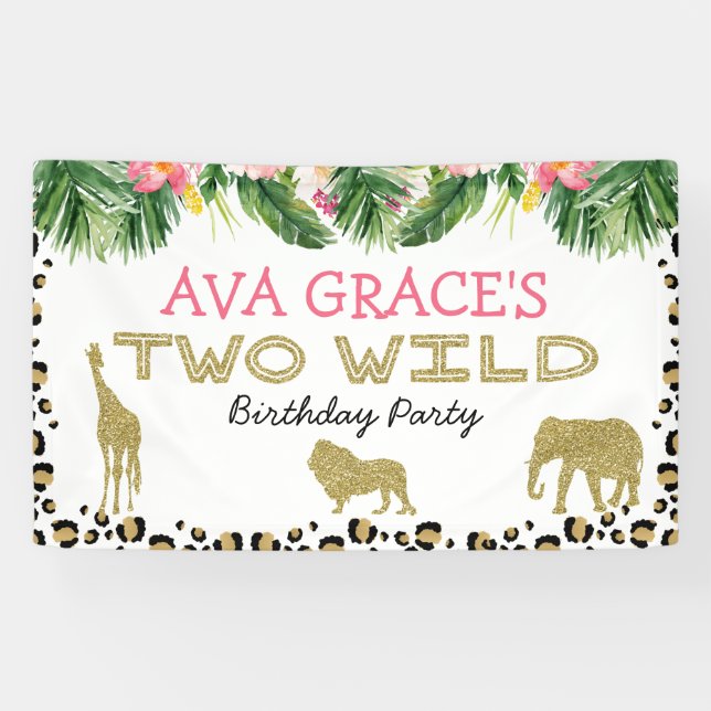 Tropical Cheetah Print Two Wild Safari Birthday Banner (Horizontal)