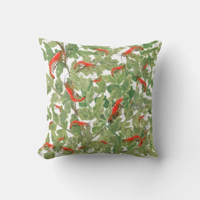Tropical Cherry Shrimp Aquarium Pet Green Foliage Throw Pillow (Front)