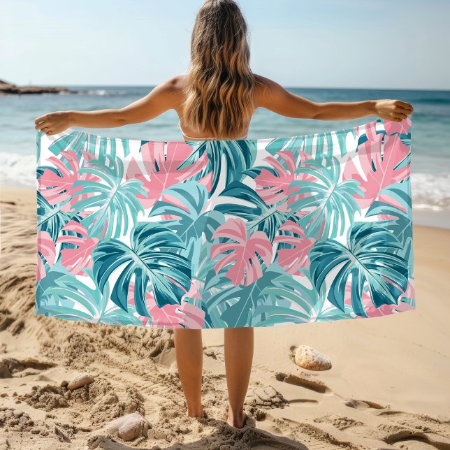 Tropical Chic Monstera Leaves Floral Pattern Beach Towel (Creator Uploaded)