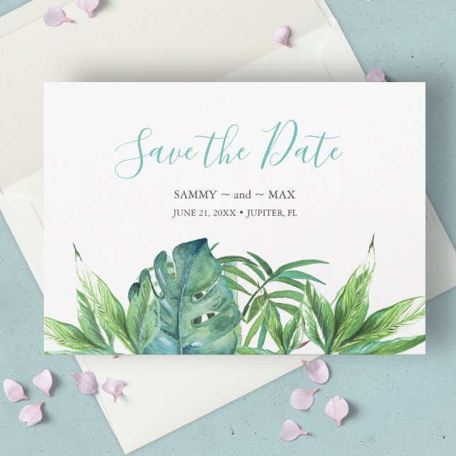 Tropical Chic Watercolor Greenery Save the Date (tropical beach wedding save the date invitation card features watercolor tropical leaves, )
