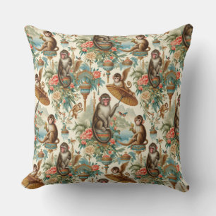 Tropical Chinoiserie Monkeys Throw Pillow