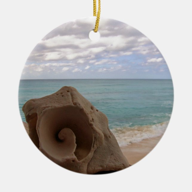 Tropical Christmas Beach Seashell Ceramic Ornament (Front)