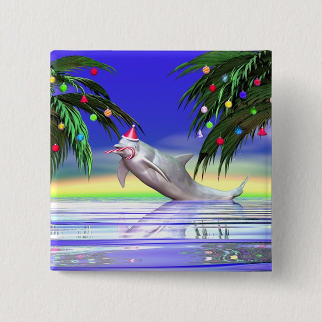 Tropical Christmas Dolphin 2 Inch Square Button (Front)