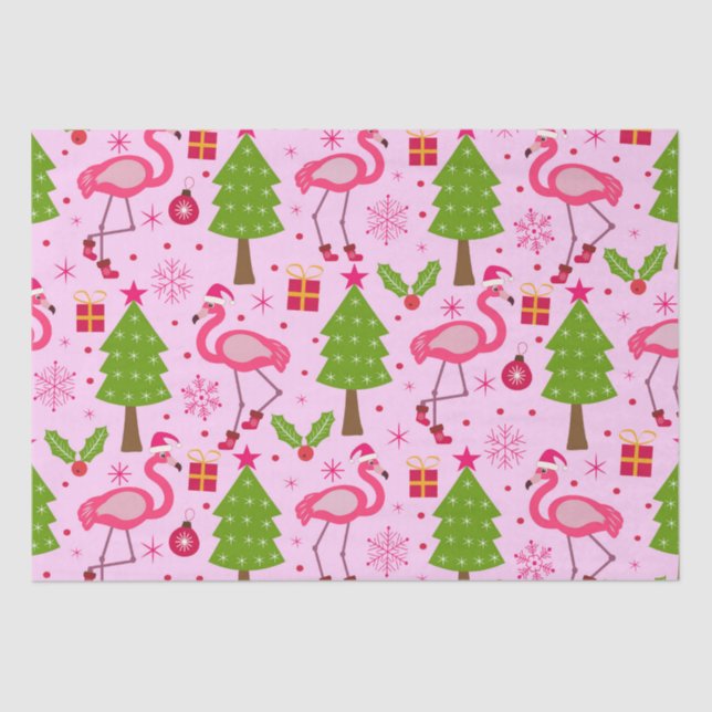 Tropical Christmas Flamingo With Pine Tree on Pink Tissue Paper (Front)