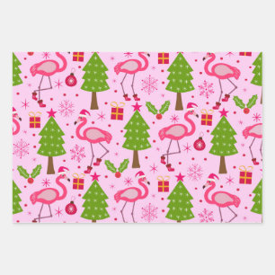 Tropical Christmas Flamingo With Pine Tree on Pink Wrapping Paper Sheet