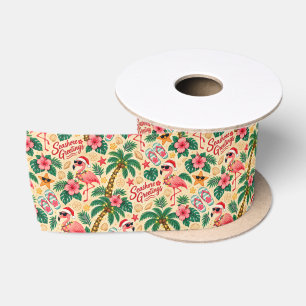 Tropical Christmas Flamingos and Palm Trees Satin Ribbon
