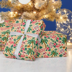 Tropical Christmas Flamingos and Palm Trees Wrapping Paper