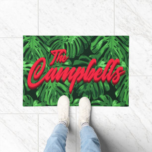 Tropical Christmas Green Red Leaves Surname Doormat