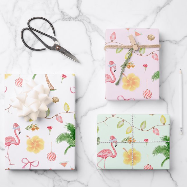 Tropical Christmas Hawaii Beach Santa Flamingo Wrapping Paper Sheet (Front)