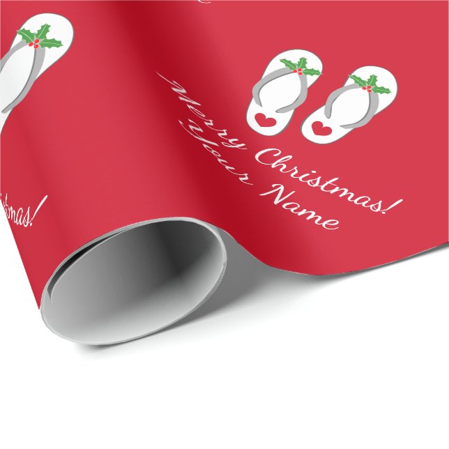 Tropical Christmas Holiday holly leaf  flip flops Wrapping Paper (Roll Corner)