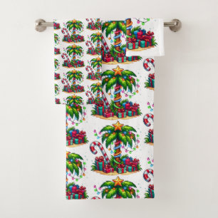 Tropical Christmas Holiday Palm Tree Pattern Bath Towel Set