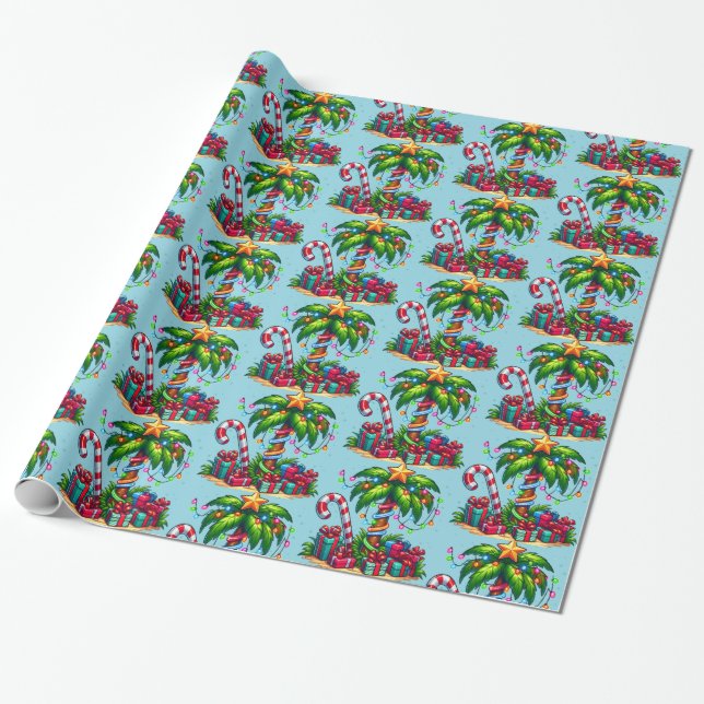 Tropical Christmas Holiday Palm Tree Pattern Wrapping Paper (Unrolled)